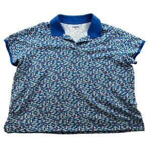Lands' End Womens Polo Shirt 2X Short Sleeve Blue Fish Print Pullover Outdoors